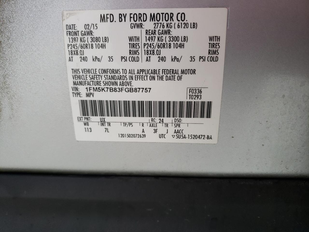 2015 Ford Explorer VIN: 1FM5K7B83FGB87757 Lot: 62450654