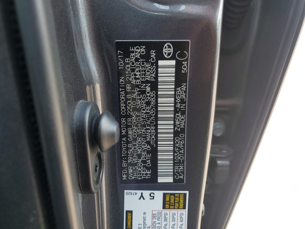 2017 Toyota Prius VIN: JTDKBRFU7H3578835 Lot: 64169784