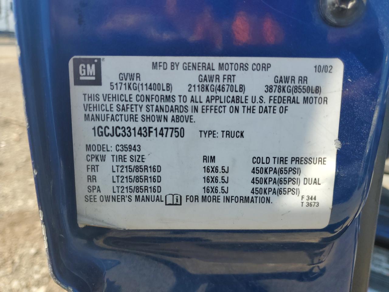 2003 Chevrolet Silverado C3500 VIN: 1GCJC33143F147750 Lot: 62551314