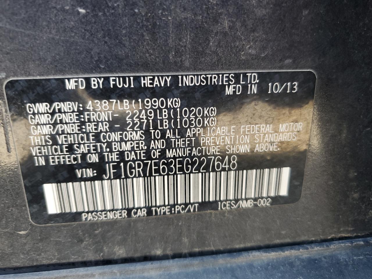 2014 Subaru Impreza Wrx VIN: JF1GR7E63EG227648 Lot: 64895074