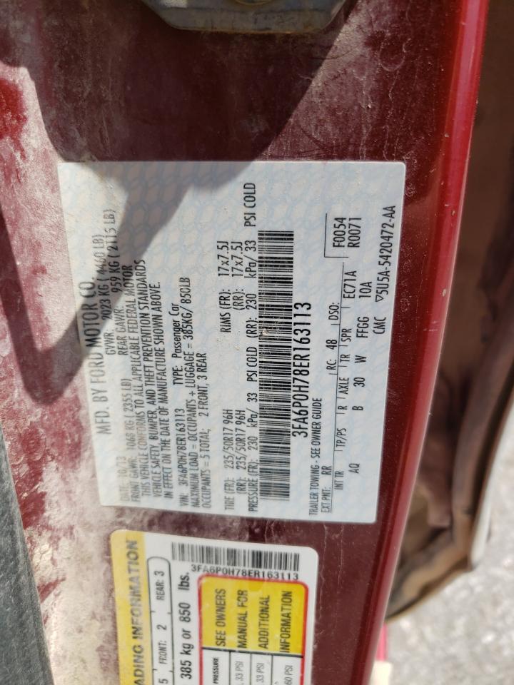 2014 Ford Fusion Se VIN: 3FA6P0H78ER163113 Lot: 63232544