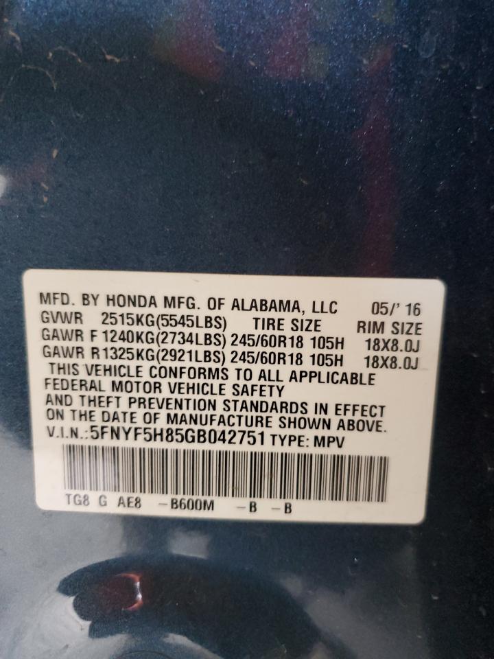 2016 Honda Pilot Exl VIN: 5FNYF5H85GB042751 Lot: 61712434