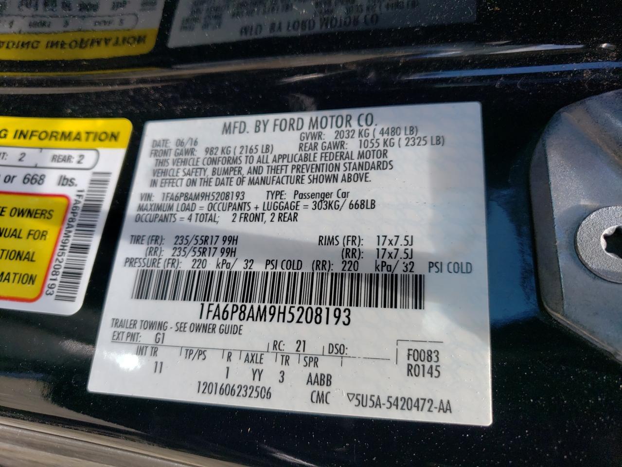 2017 Ford Mustang VIN: 1FA6P8AM9H5208193 Lot: 63756504