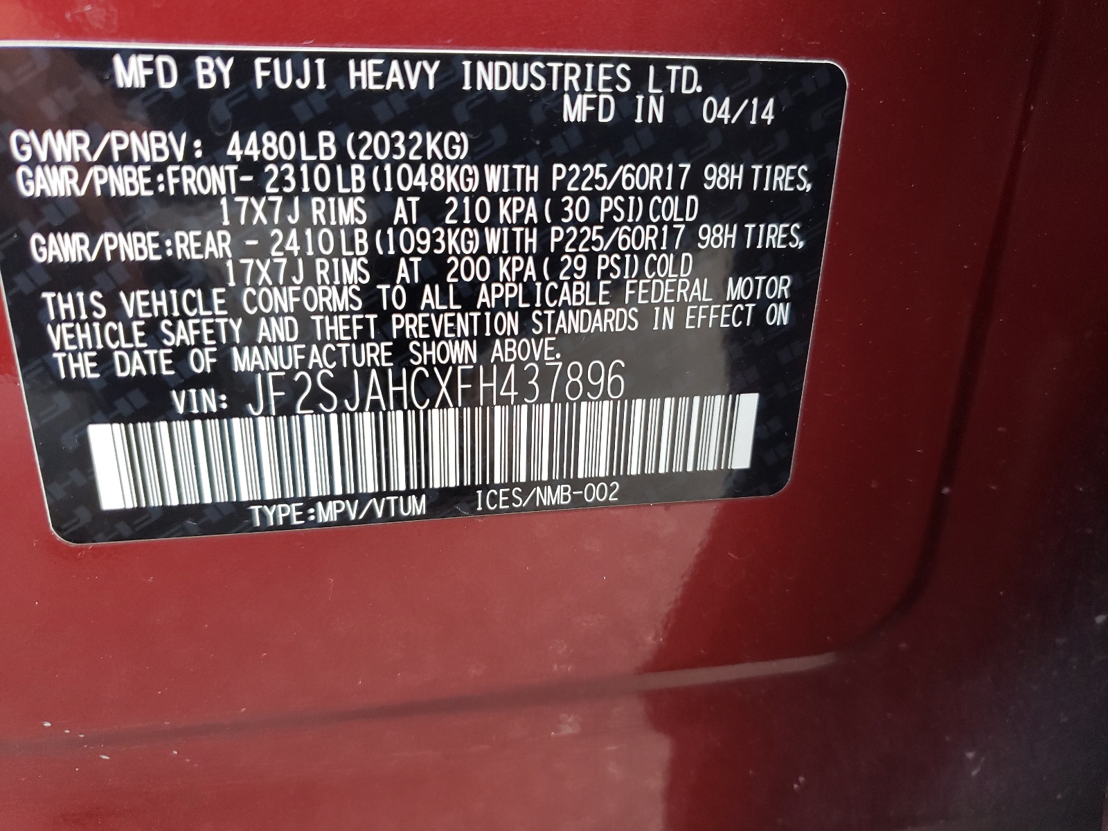 JF2SJAHCXFH437896 2015 Subaru Forester 2.5I Limited