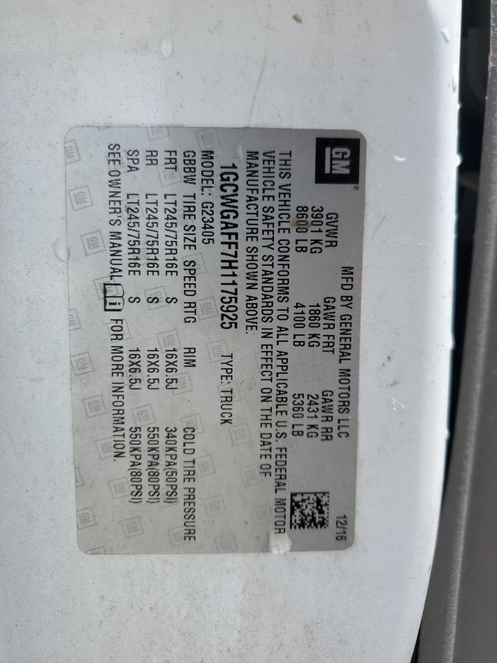 2017 Chevrolet Express G2500 VIN: 1GCWGAFF7H1175925 Lot: 63491274