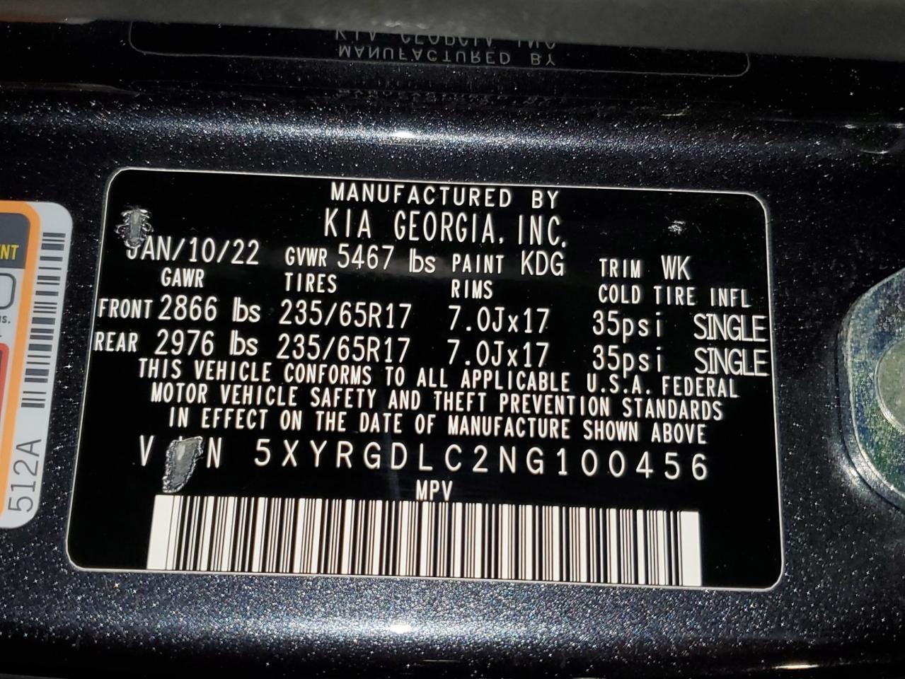 2022 Kia Sorento Lx VIN: 5XYRGDLC2NG100456 Lot: 64872144