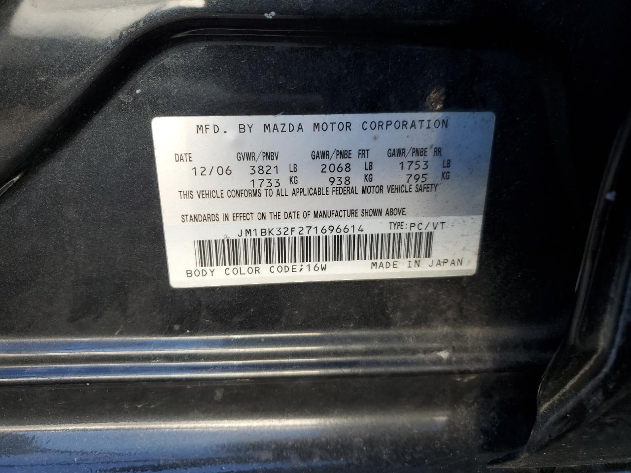 2007 Mazda 3 I VIN: JM1BK32F271696614 Lot: 62183574