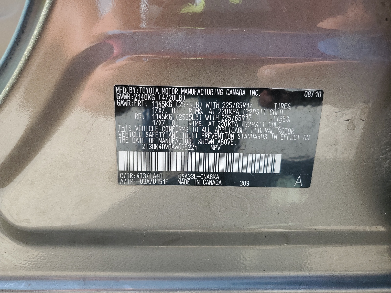 2T3DK4DV0AW035224 2010 Toyota Rav4 Limited