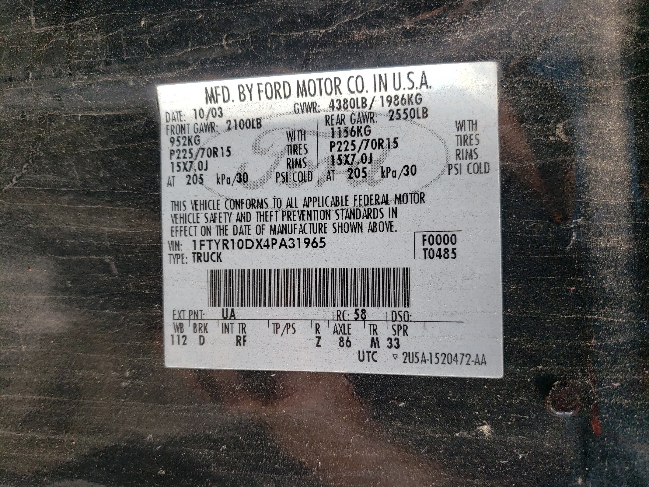 1FTYR10DX4PA31965 2004 Ford Ranger