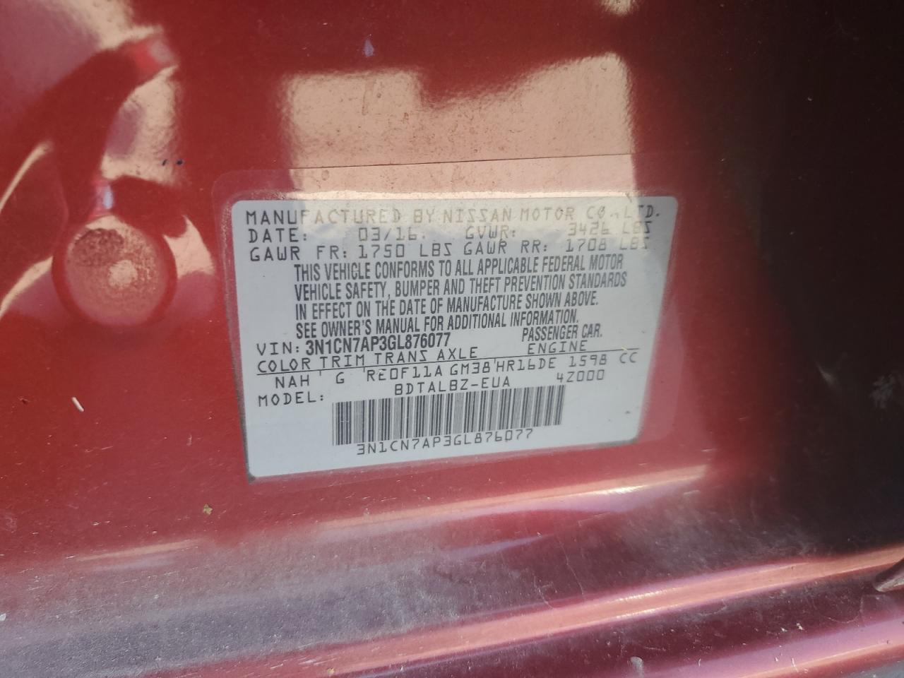 2016 Nissan Versa S VIN: 3N1CN7AP3GL876077 Lot: 58558644