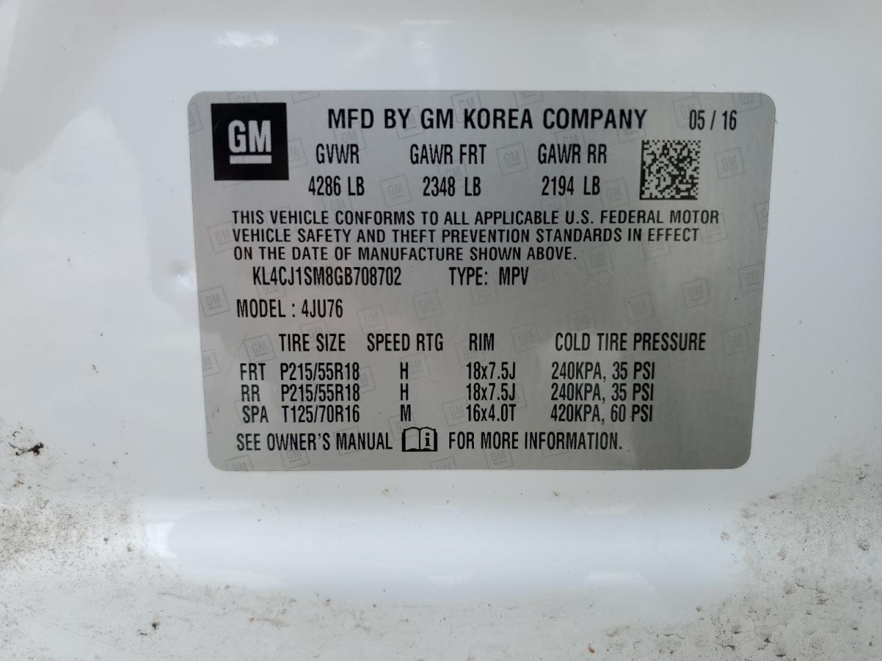 2016 Buick Encore Sport Touring VIN: KL4CJ1SM8GB708702 Lot: 61913294