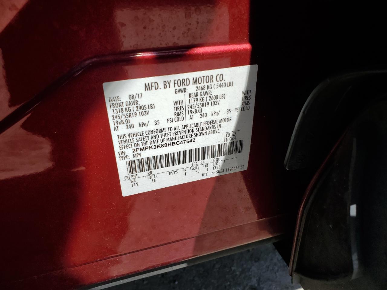 2017 Ford Edge Titanium VIN: 2FMPK3K88HBC47642 Lot: 64093284