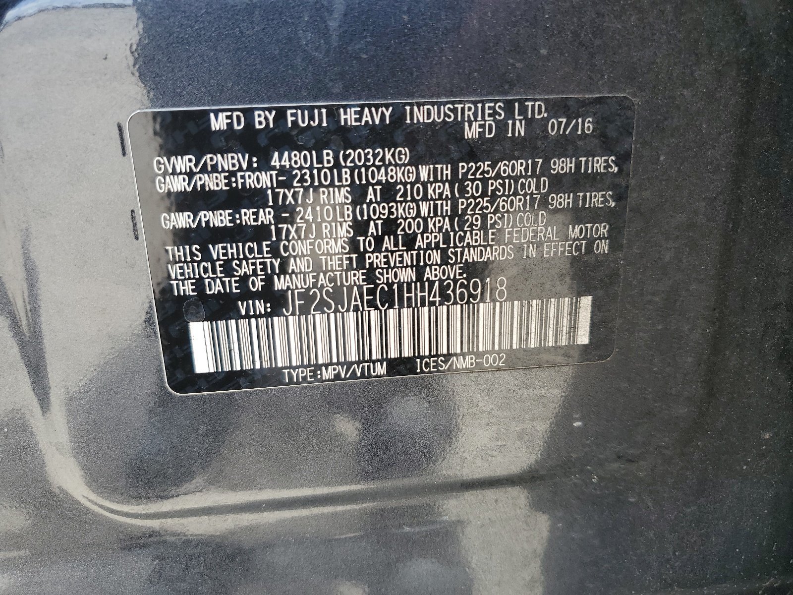 JF2SJAEC1HH436918 2017 Subaru Forester 2.5I Premium