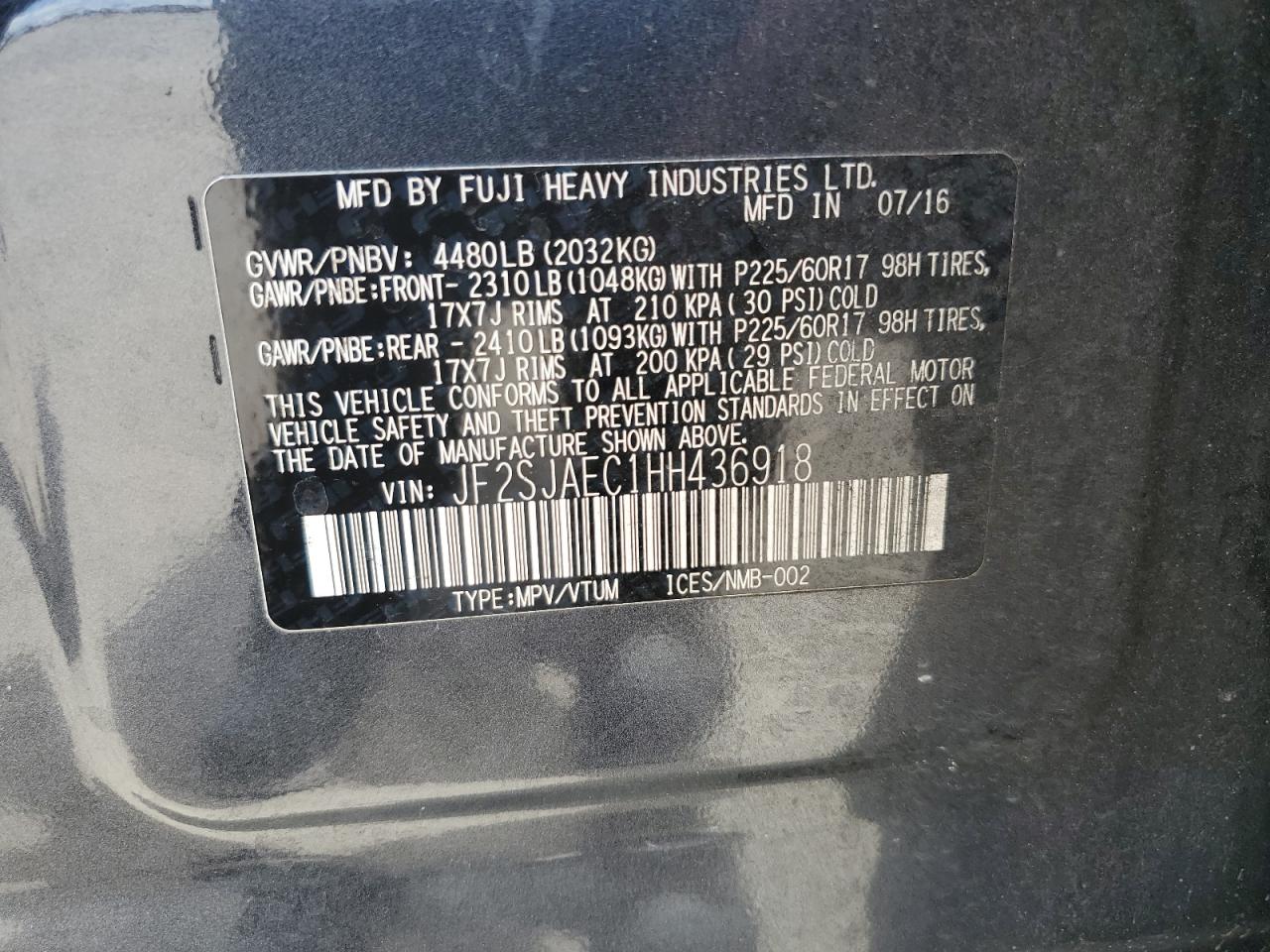 2017 Subaru Forester 2.5I Premium VIN: JF2SJAEC1HH436918 Lot: 63450534