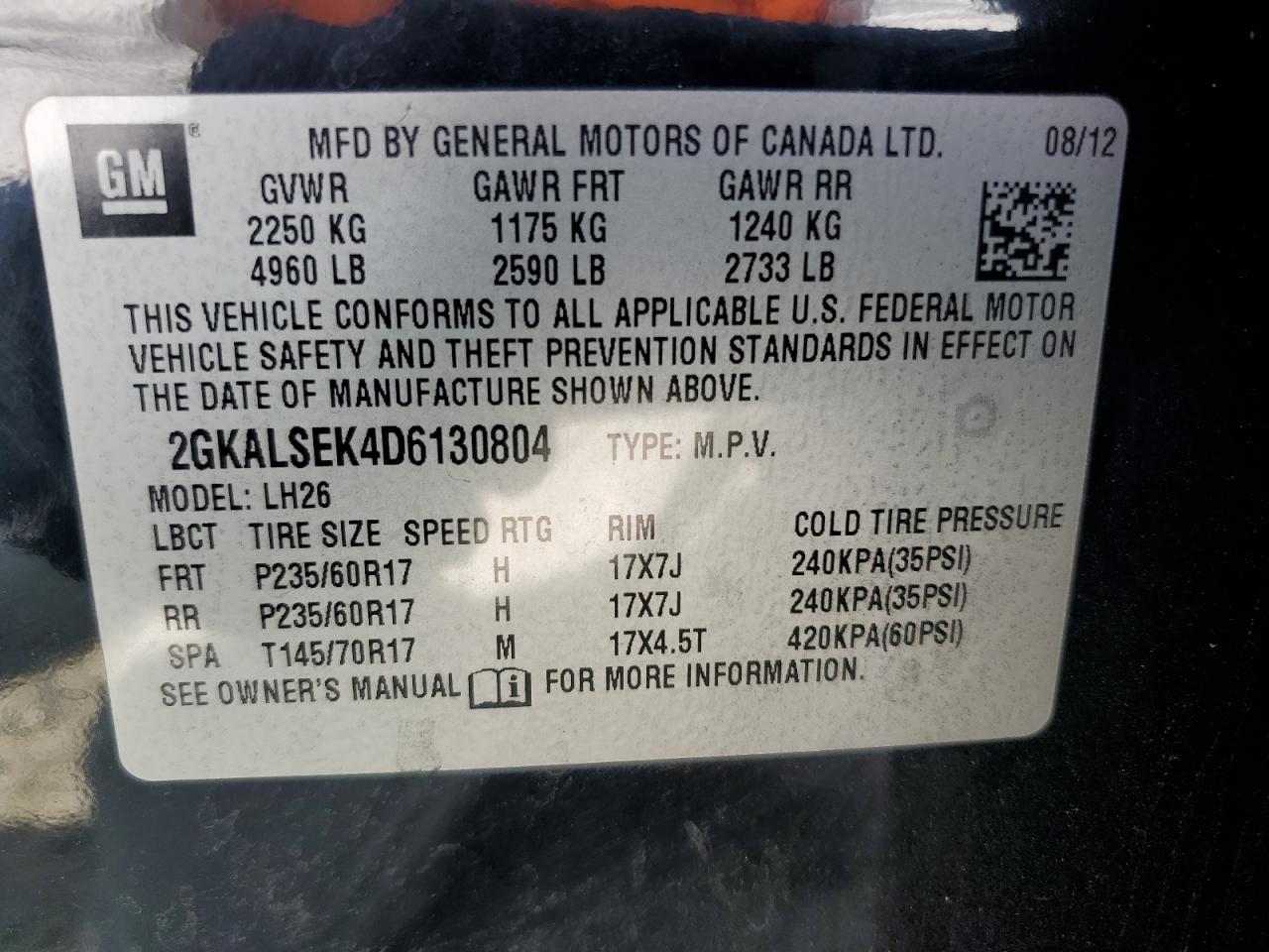 2013 GMC Terrain Sle VIN: 2GKALSEK4D6130804 Lot: 64388394