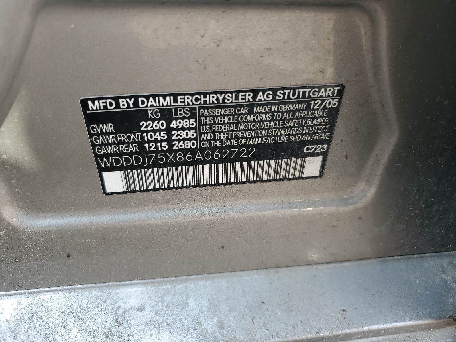 WDDDJ75X86A062722 2006 Mercedes-Benz Cls 500C