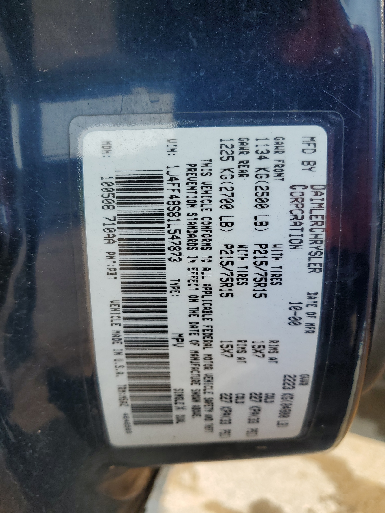 1J4FF48S81L547873 2001 Jeep Cherokee Sport