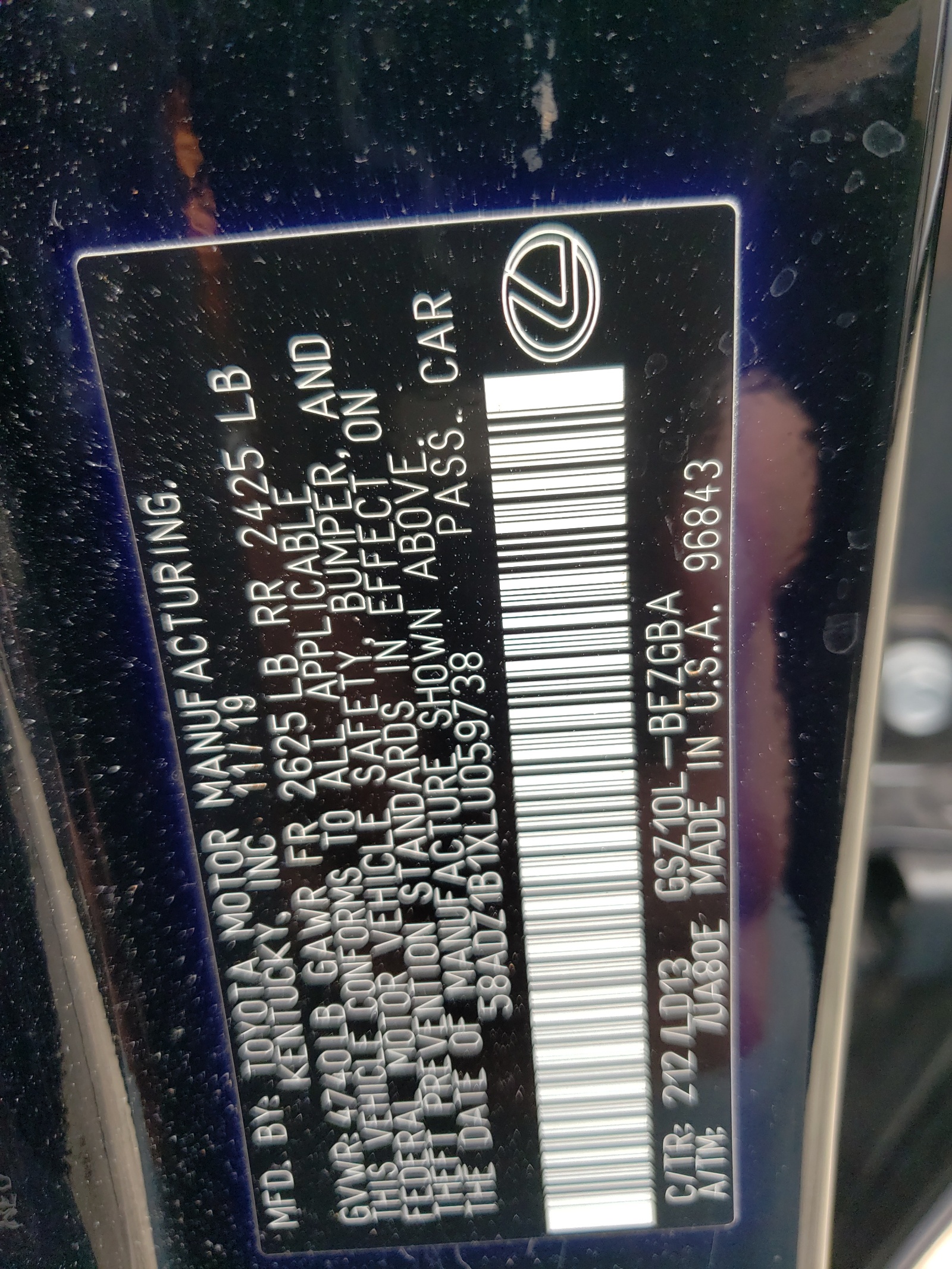 58ADZ1B1XLU059738 2020 Lexus Es 350