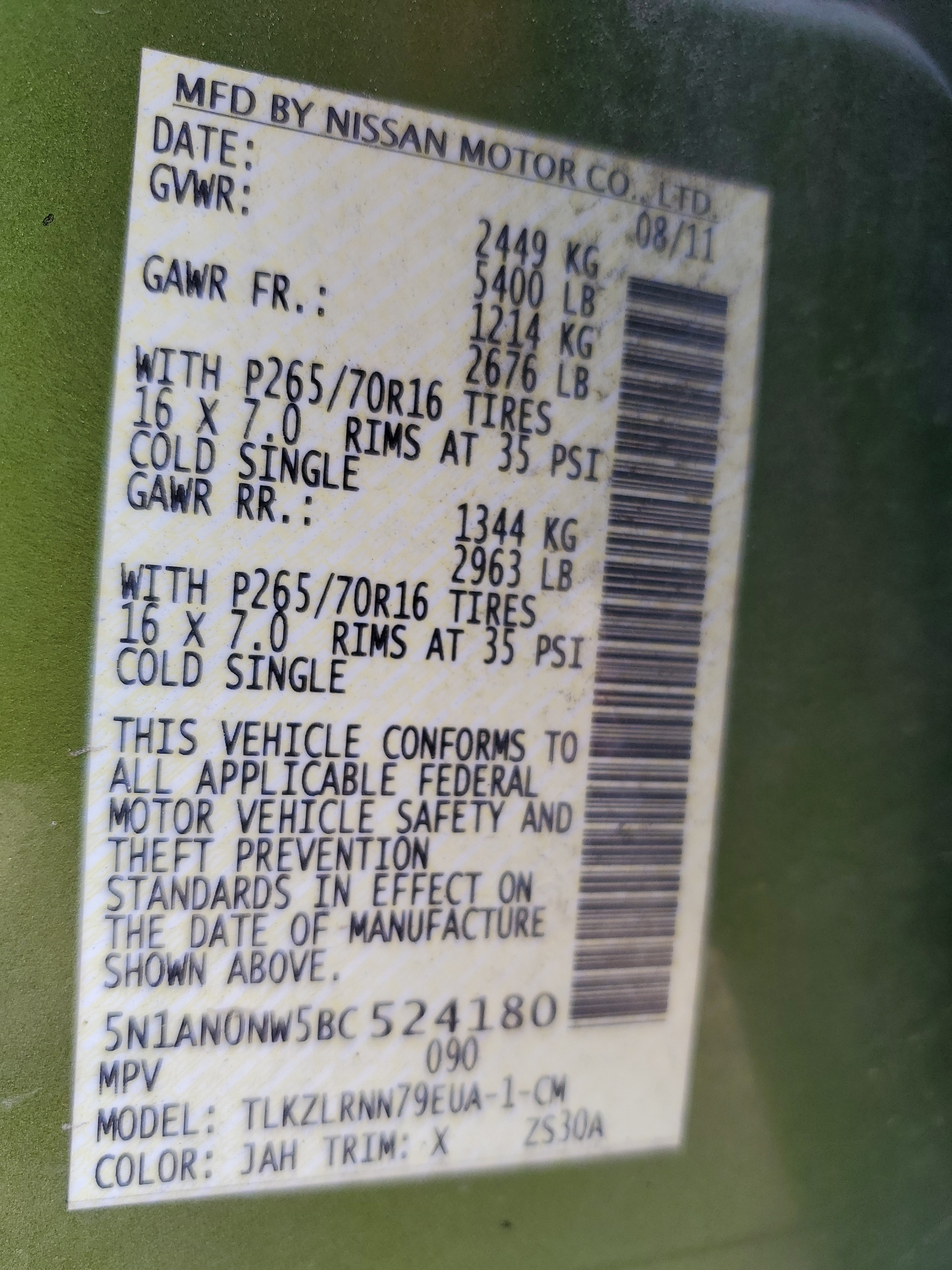 5N1AN0NW5BC524180 2011 Nissan Xterra Off Road