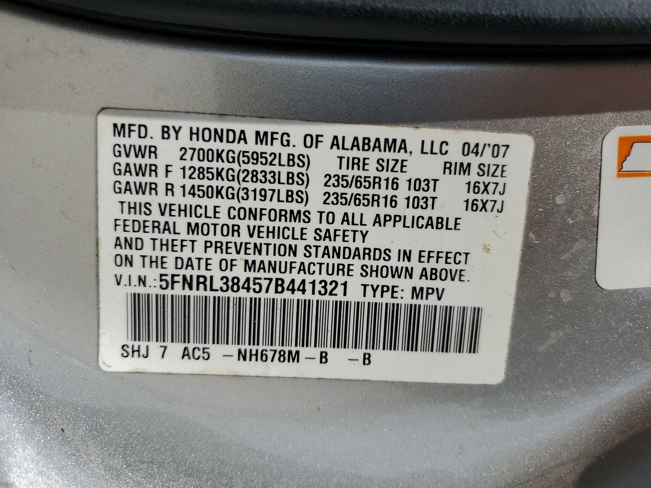 5FNRL38457B441321 2007 Honda Odyssey Ex