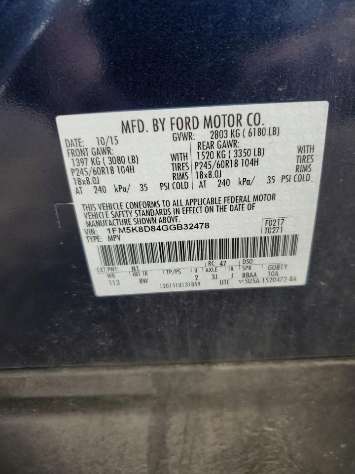 2016 Ford Explorer Xlt VIN: 1FM5K8D84GGB32478 Lot: 62814484