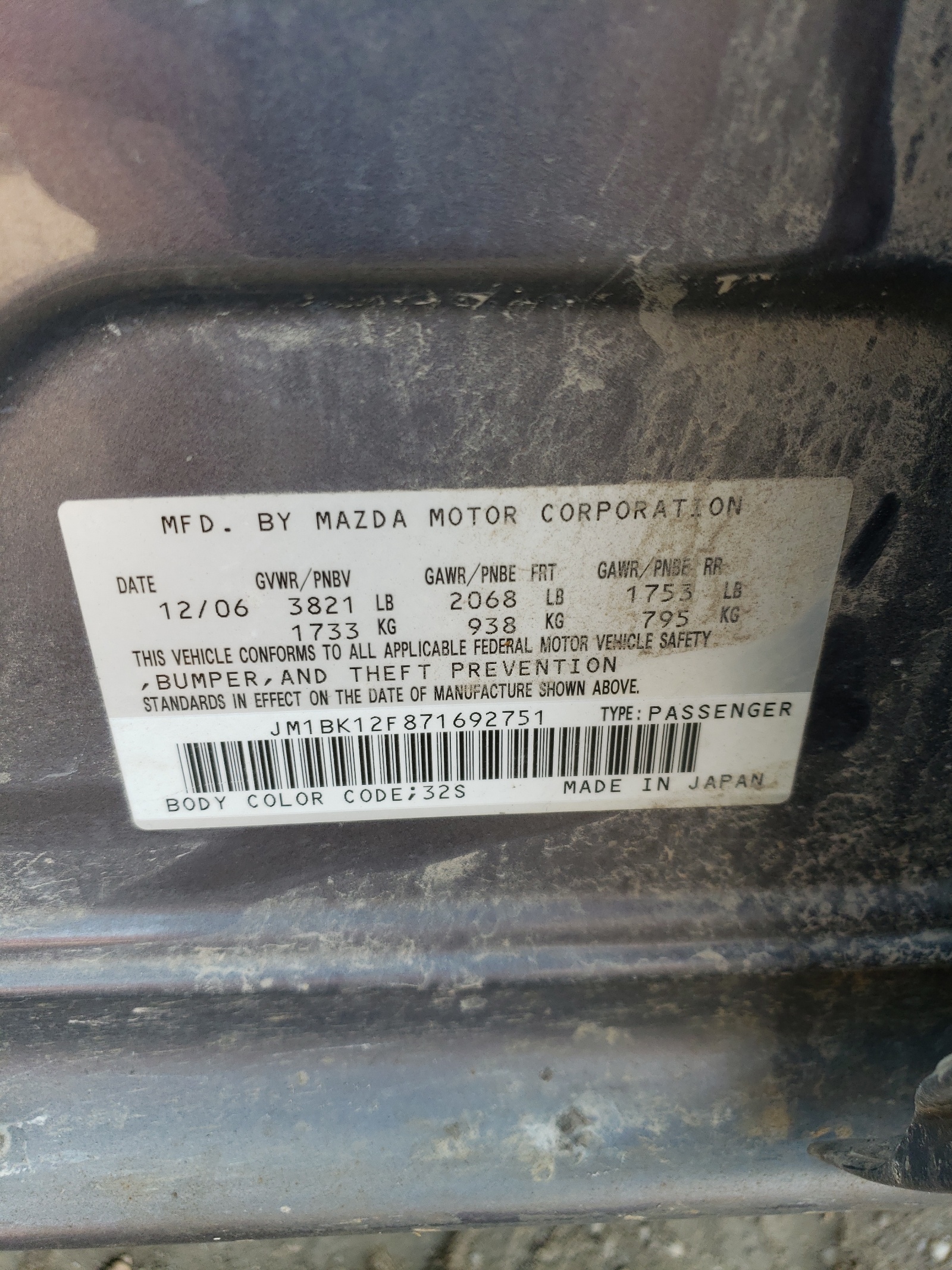 JM1BK12F871692751 2007 Mazda 3 I
