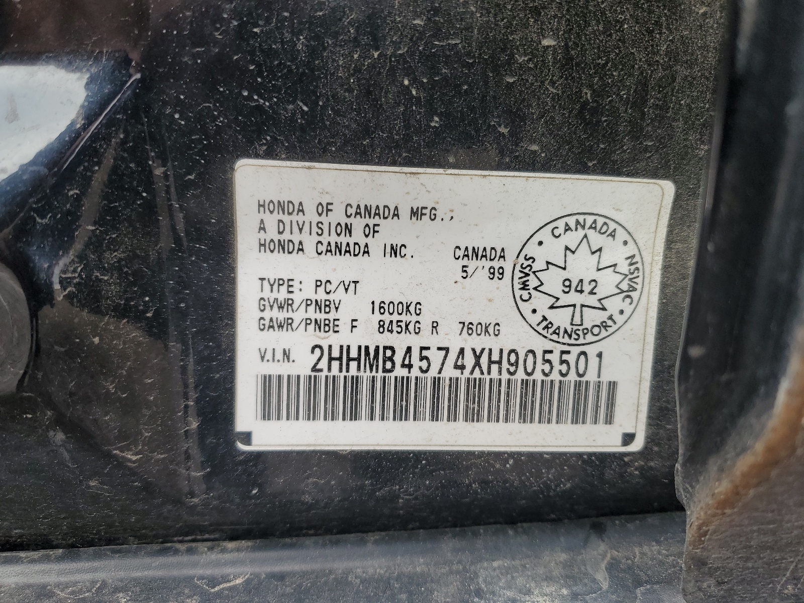 2HHMB4574XH905501 1999 Acura 1.6El Premium