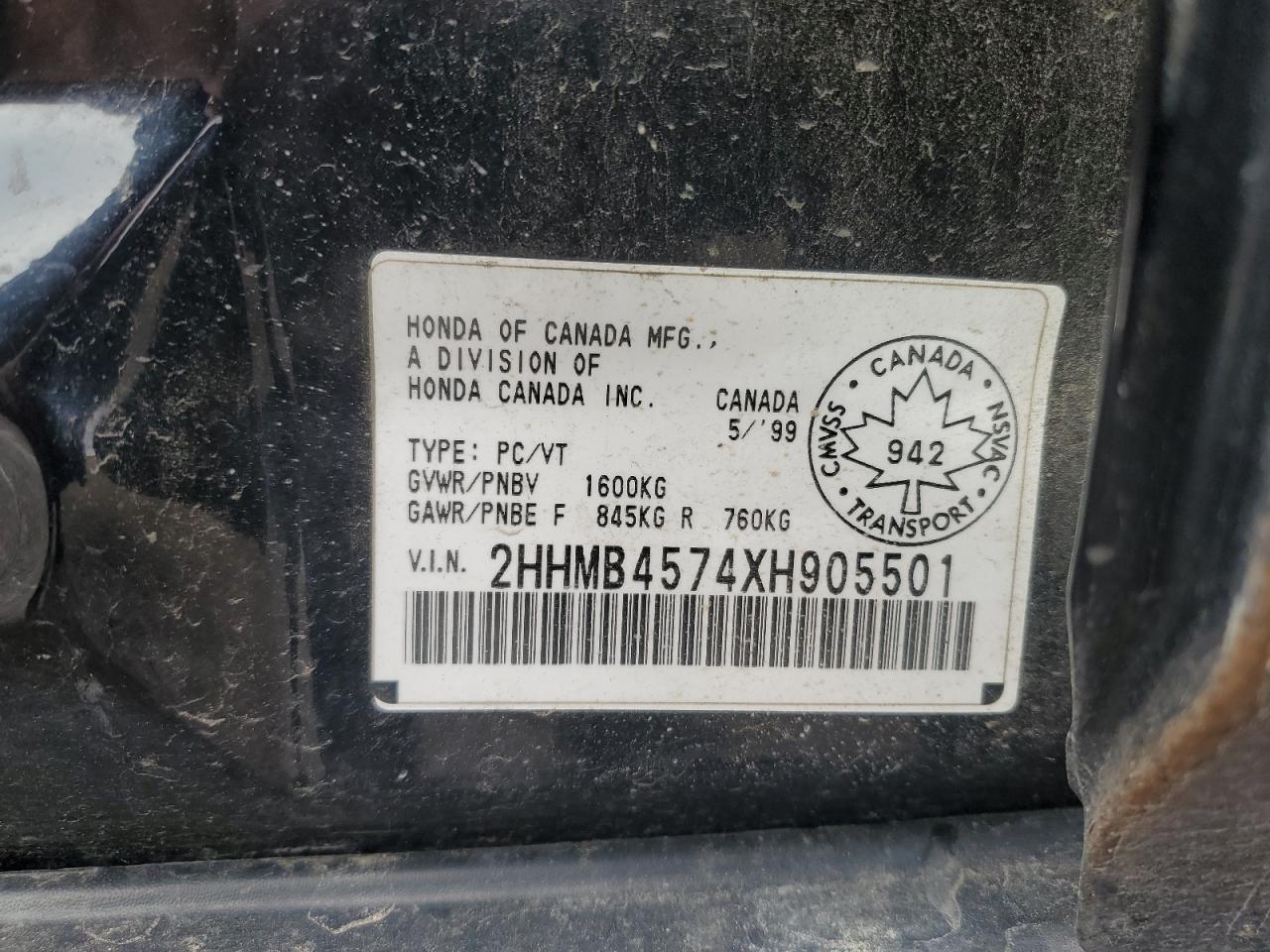 1999 Acura 1.6El Premium VIN: 2HHMB4574XH905501 Lot: 61268504