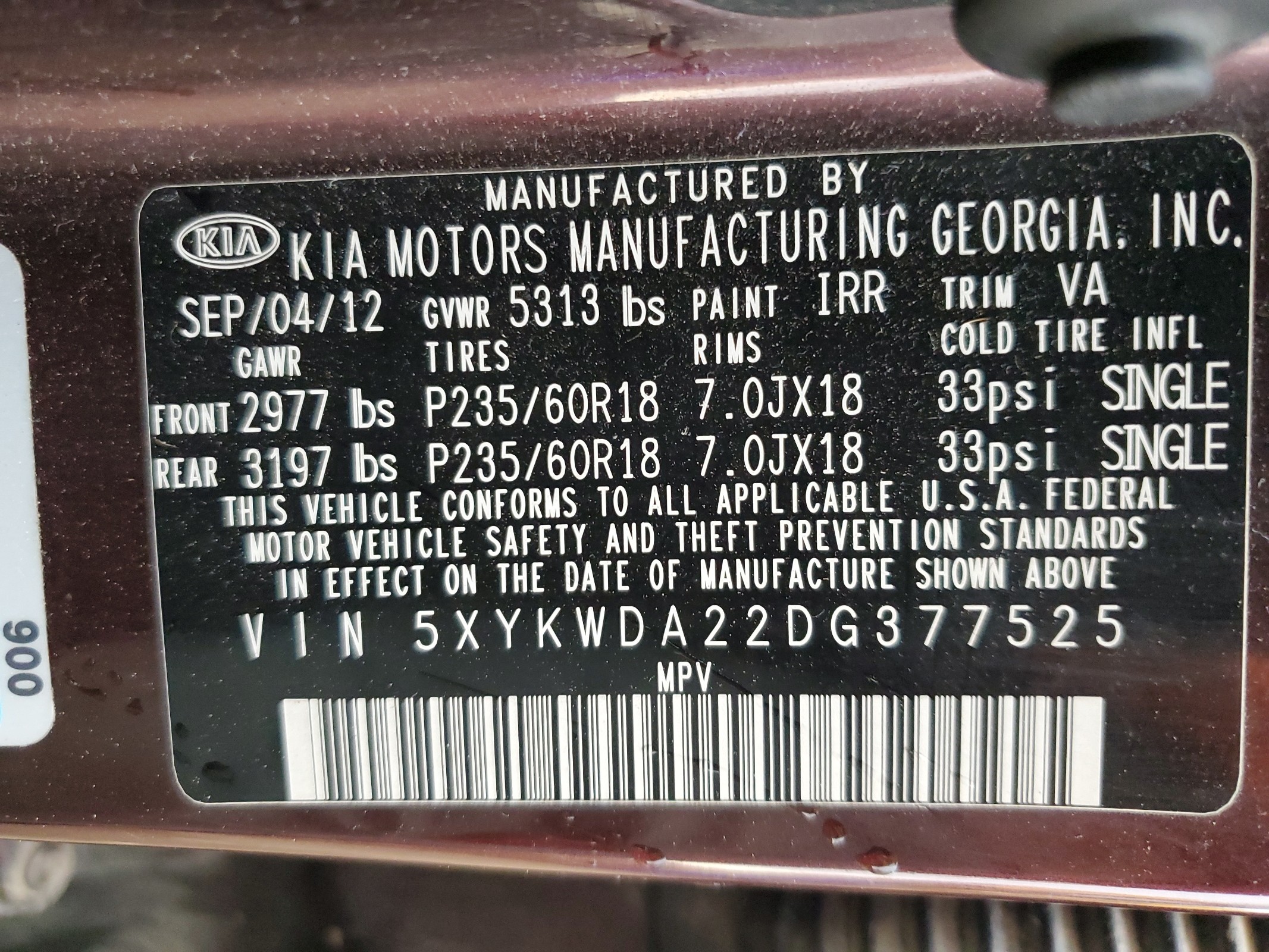 5XYKWDA22DG377525 2013 Kia Sorento Sx