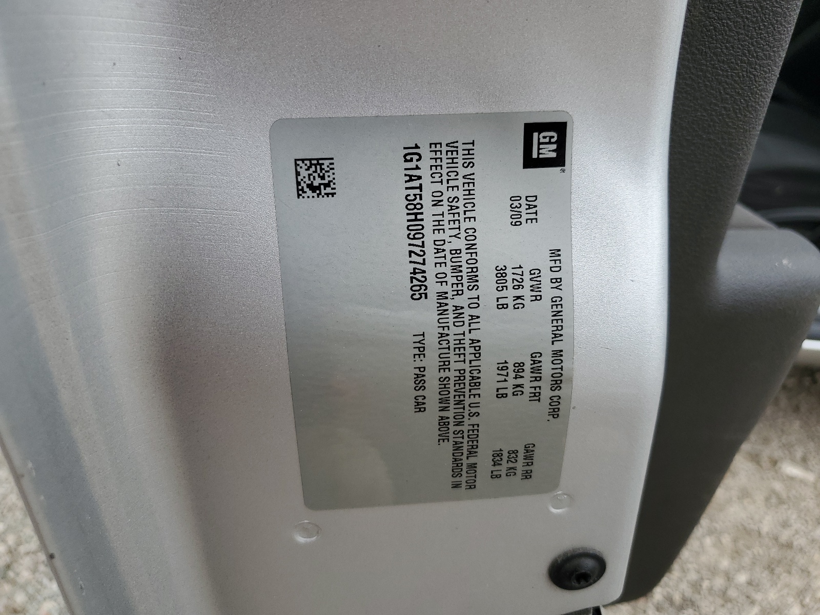 1G1AT58H097274265 2009 Chevrolet Cobalt Lt