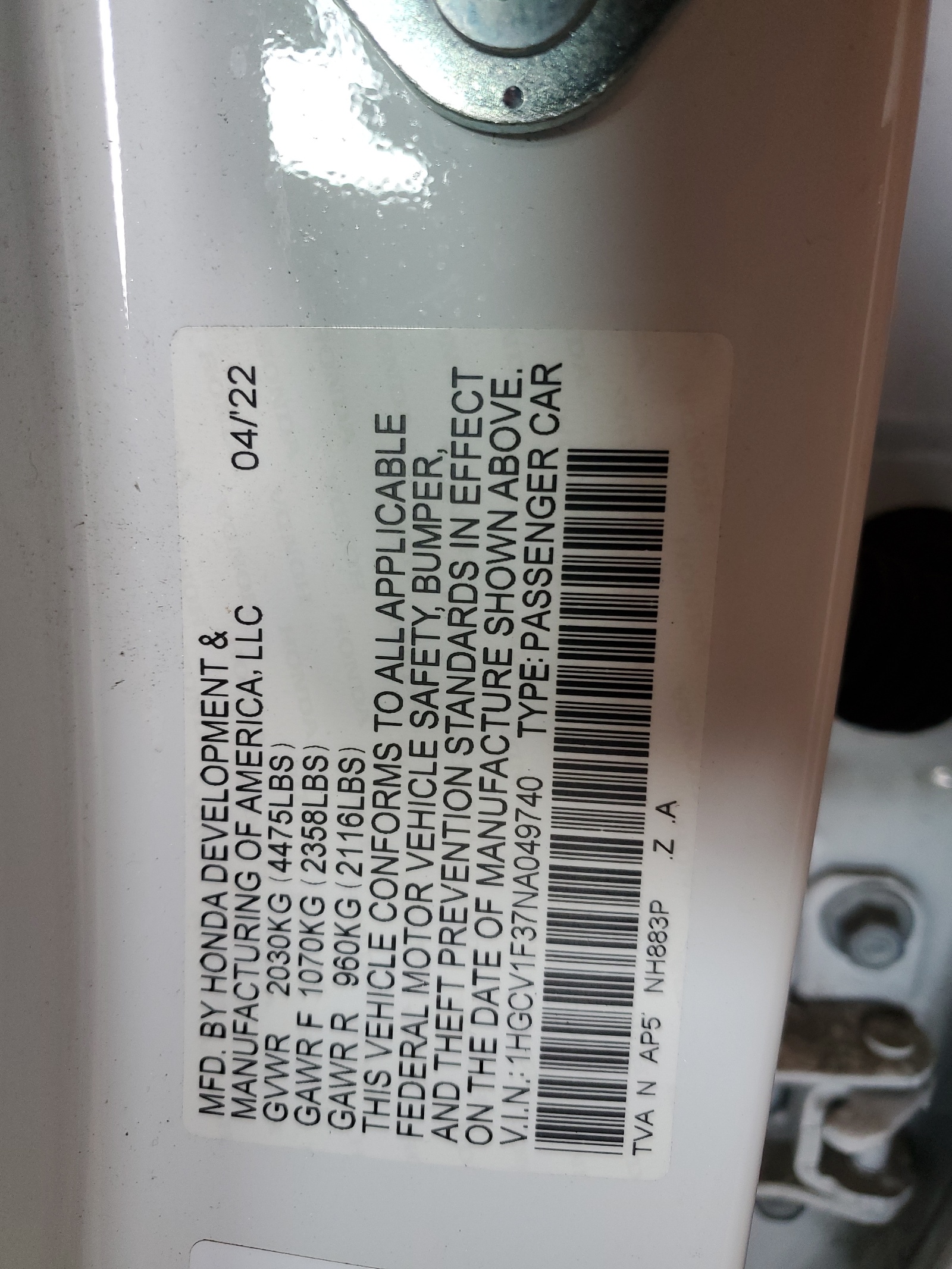 1HGCV1F37NA049740 2022 Honda Accord Sport