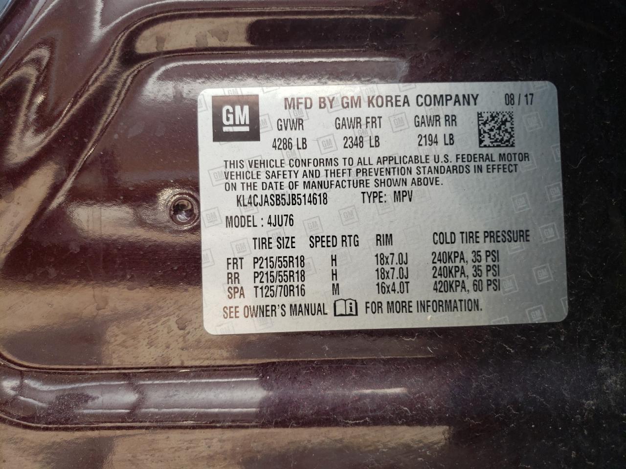 2018 Buick Encore Preferred VIN: KL4CJASB5JB514618 Lot: 63665084