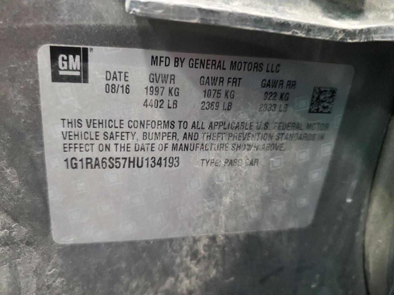 2017 Chevrolet Volt Lt VIN: 1G1RA6S57HU134193 Lot: 64022354