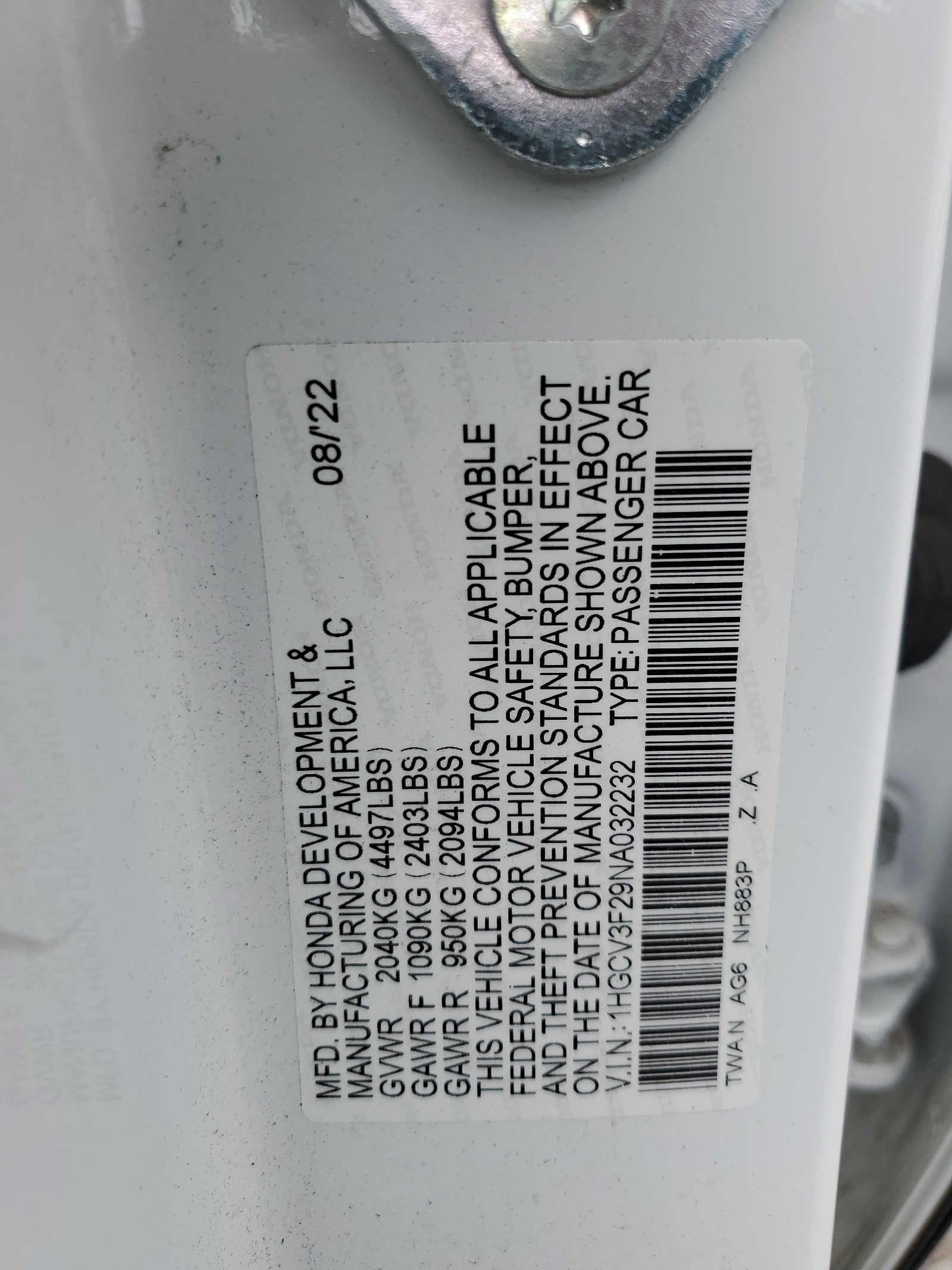 1HGCV3F29NA032232 2022 Honda Accord Hybrid Sport