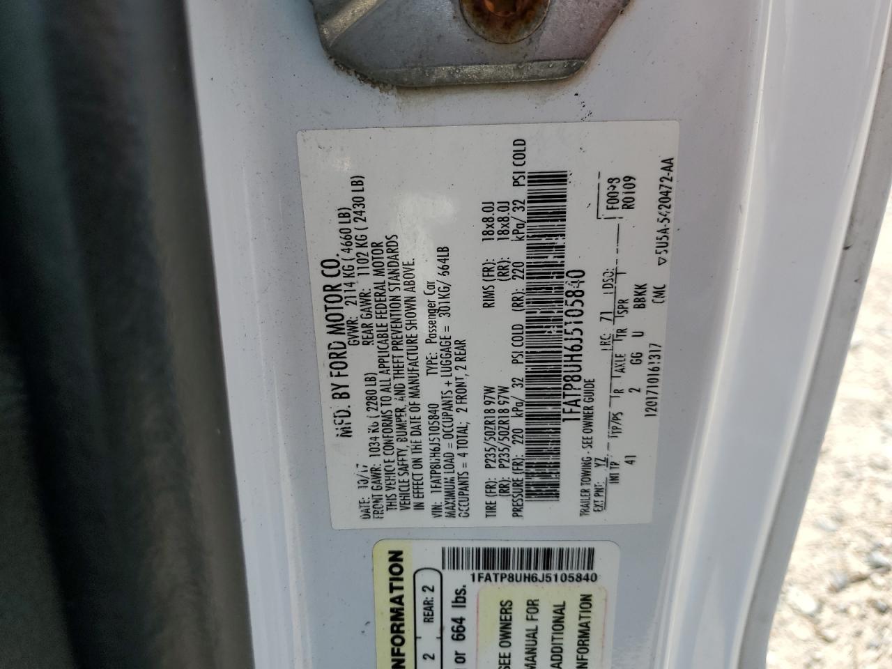 2018 Ford Mustang VIN: 1FATP8UH6J5105840 Lot: 61548924