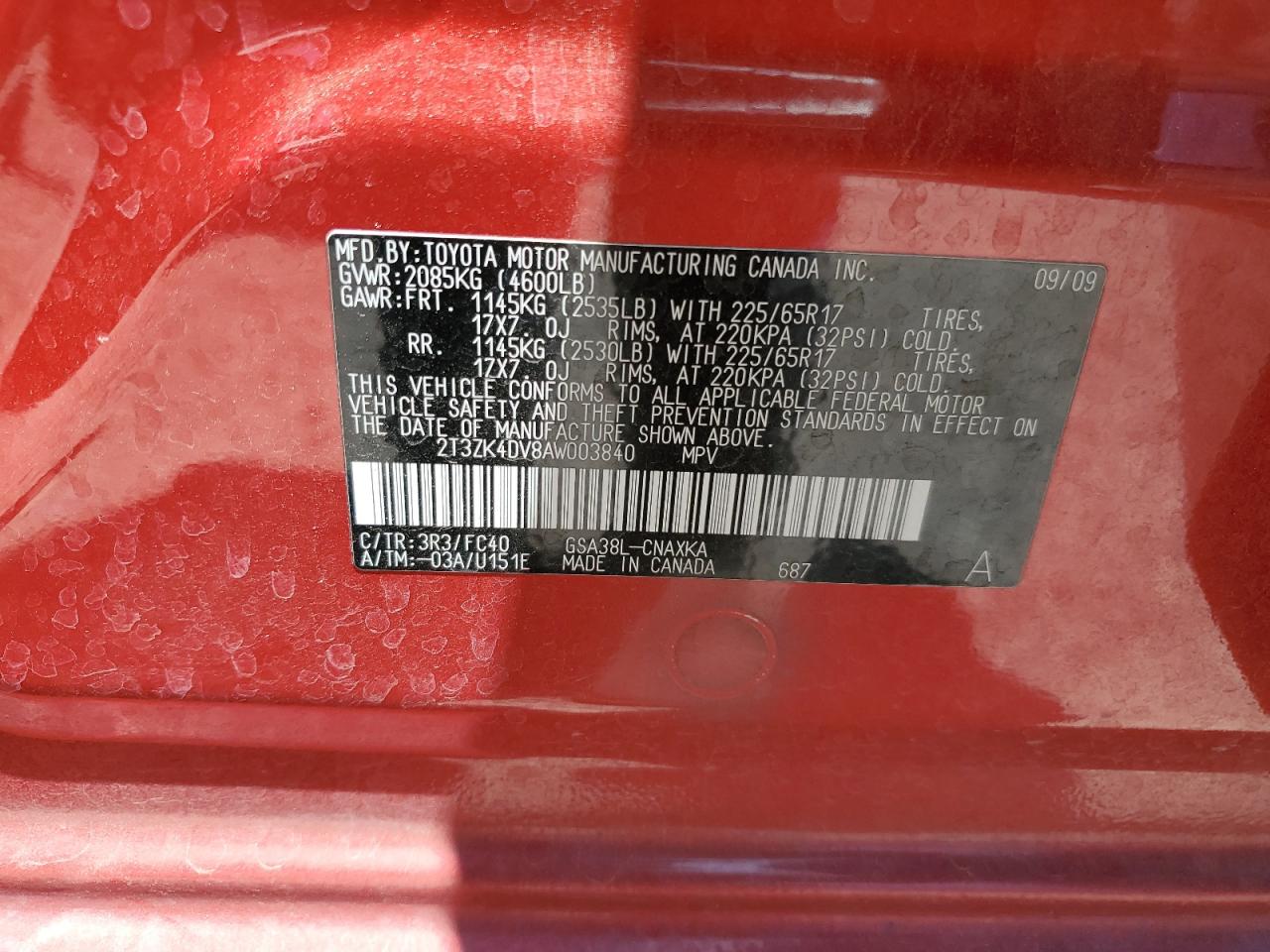 2010 Toyota Rav4 VIN: 2T3ZK4DV8AW003840 Lot: 61482564