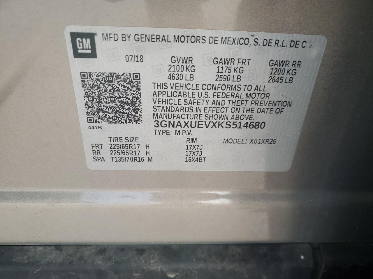 2019 Chevrolet Equinox Lt VIN: 3GNAXUEVXKS514680 Lot: 63248764