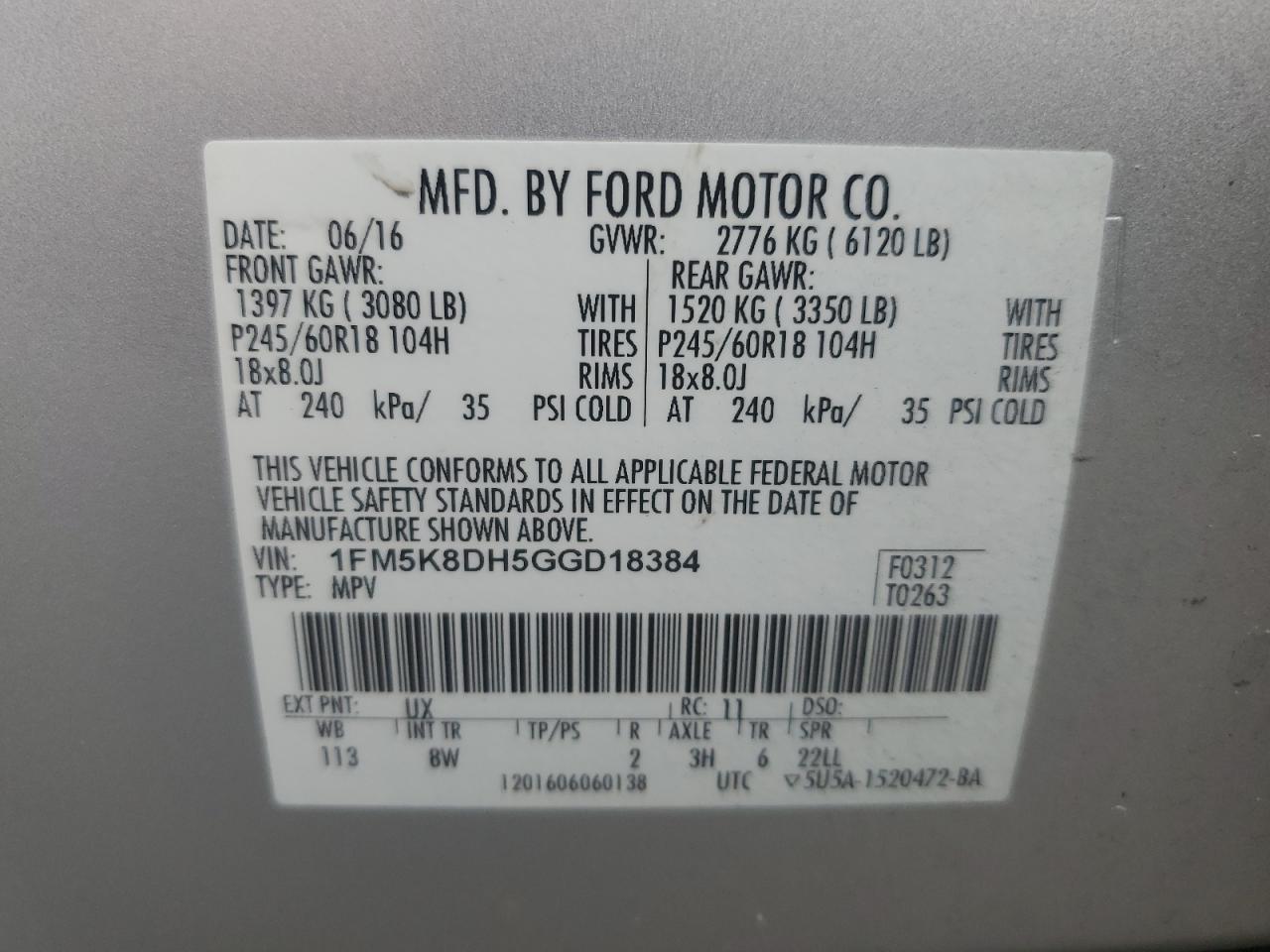 2016 Ford Explorer Xlt VIN: 1FM5K8DH5GGD18384 Lot: 62876714