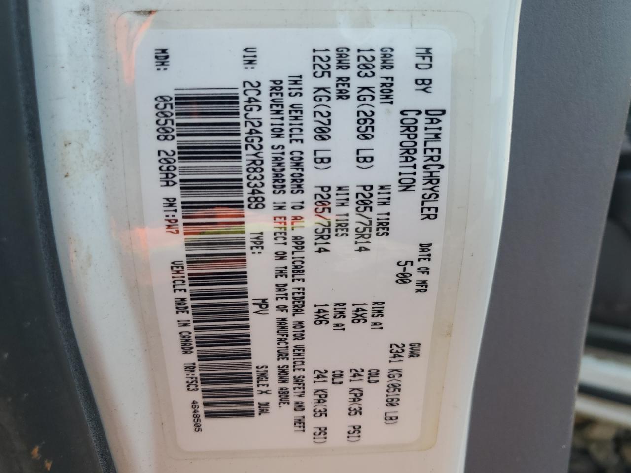 2000 Chrysler Grand Voyager VIN: 2C4GJ24G2YR833489 Lot: 64434494