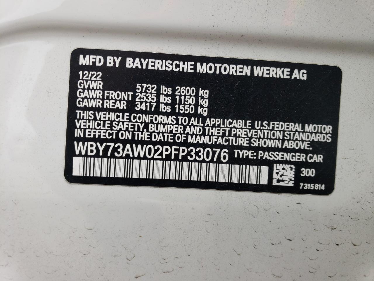 2023 BMW I4 Edrive 40 VIN: WBY73AW02PFP33076 Lot: 63513884