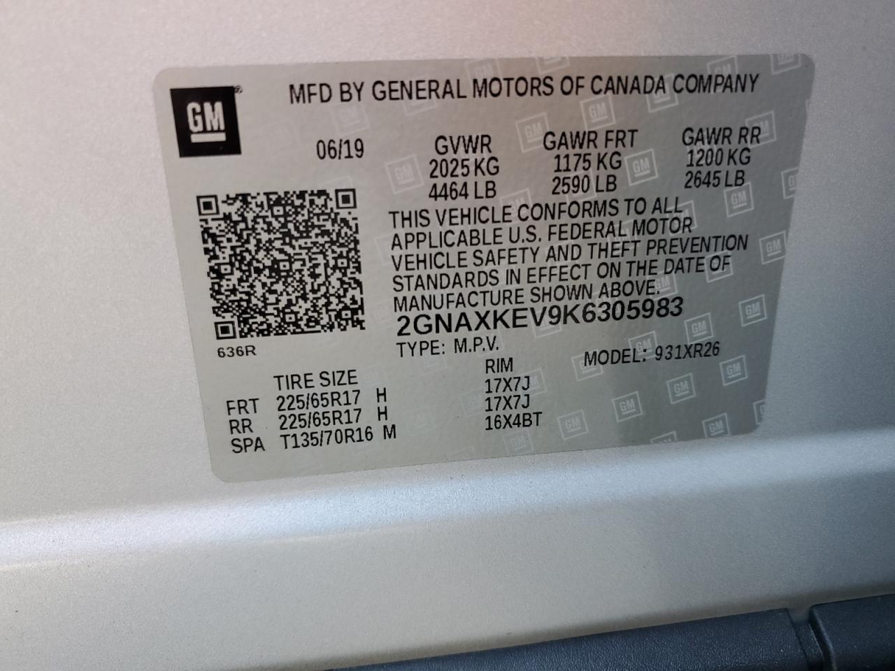 2019 Chevrolet Equinox Lt VIN: 2GNAXKEV9K6305983 Lot: 64048044