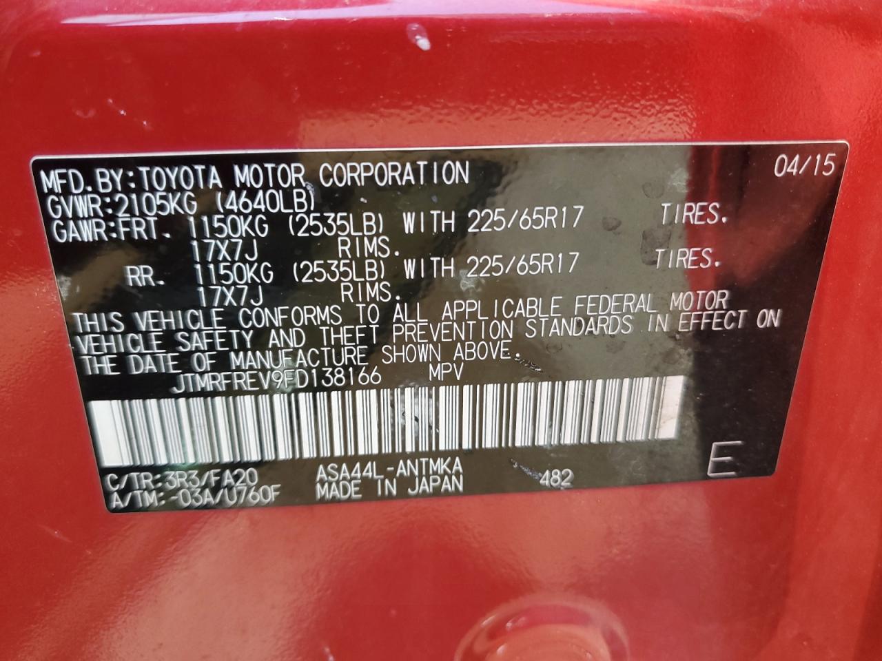 2015 Toyota Rav4 Xle VIN: JTMRFREV9FD138166 Lot: 63768154