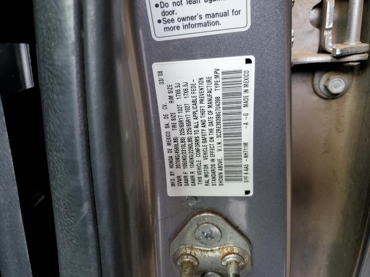 2008 Honda Cr-V Lx VIN: 3CZRE38398G704398 Lot: 63116744