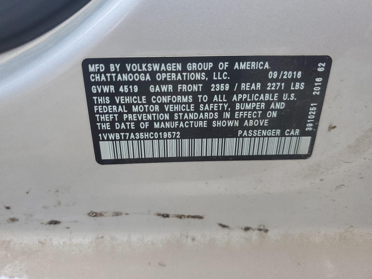 2017 Volkswagen Passat Se VIN: 1VWBT7A35HC019572 Lot: 62184224