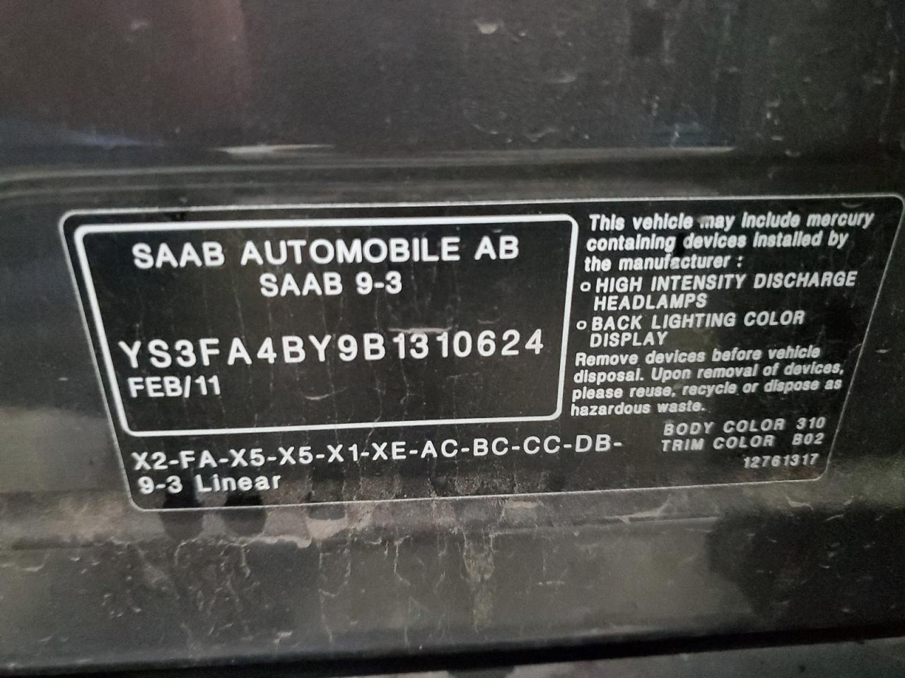 YS3FA4BY9B1310624 2011 Saab 9-3 2.0T