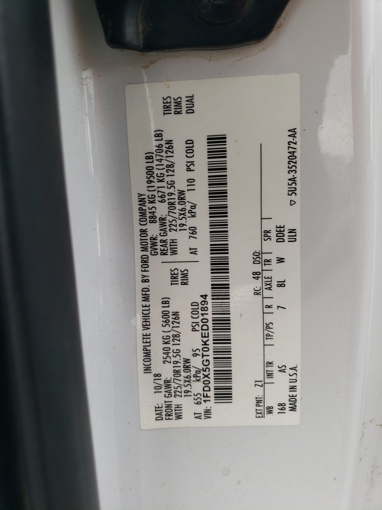 1FD0X5GT0KED01894 2019 Ford F550 Super Duty