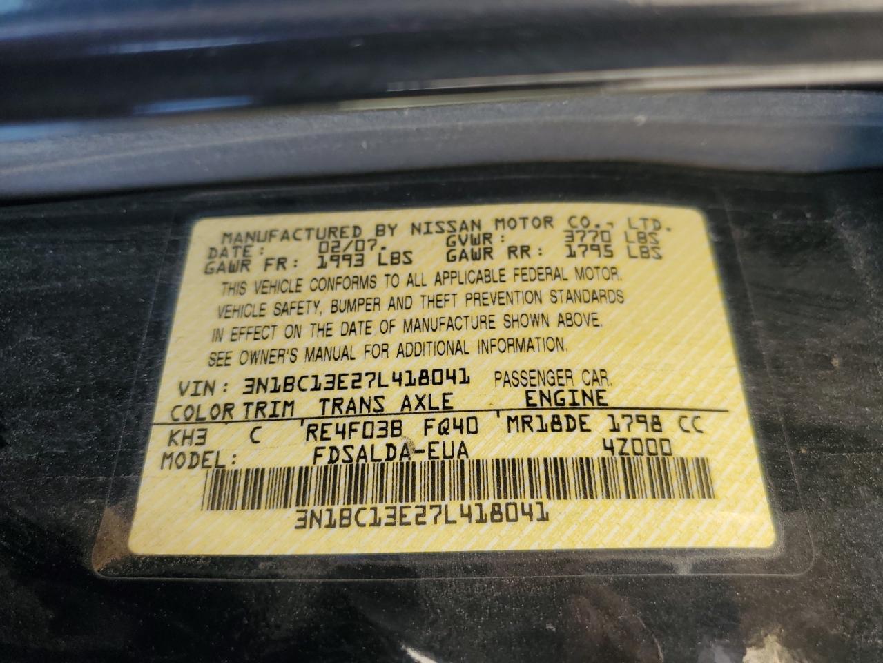 2007 Nissan Versa S VIN: 3N1BC13E27L418041 Lot: 63354044