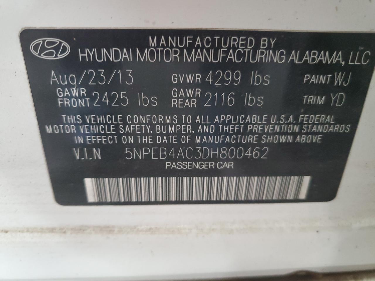 2013 Hyundai Sonata Gls VIN: 5NPEB4AC3DH800462 Lot: 61340864