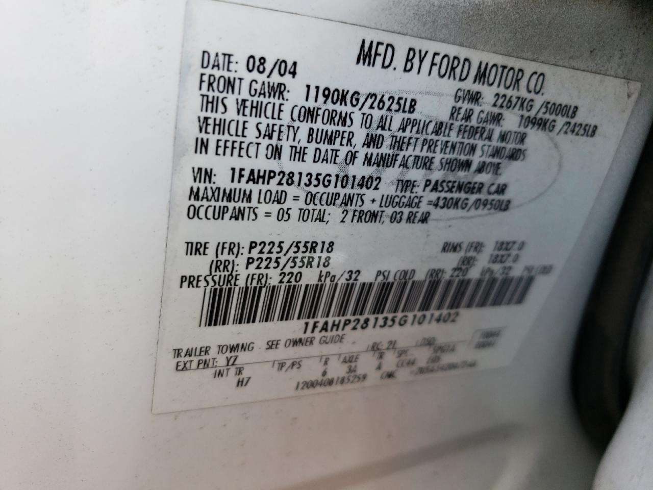 2005 Ford Five Hundred Limited VIN: 1FAHP28135G101402 Lot: 63120084