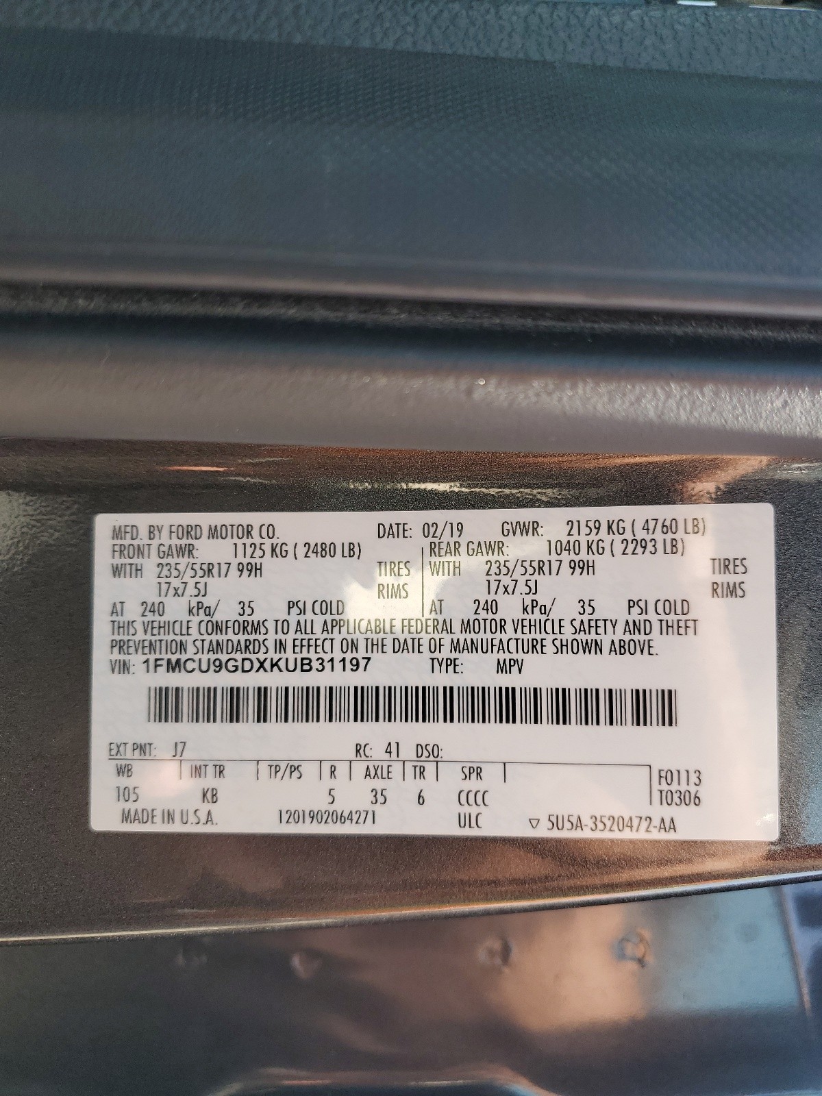 1FMCU9GDXKUB31197 2019 Ford Escape Se